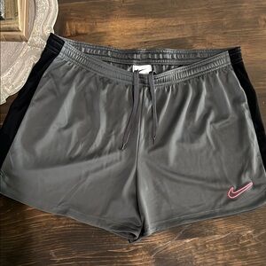 Gray and Black Athletic Shorts with Pink Logo
